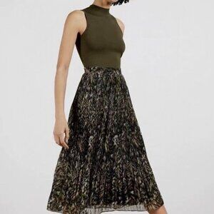 Ted Baker Justnee Lemmie Olive Green Zebra Print Chiffon Pleated Midi Dress